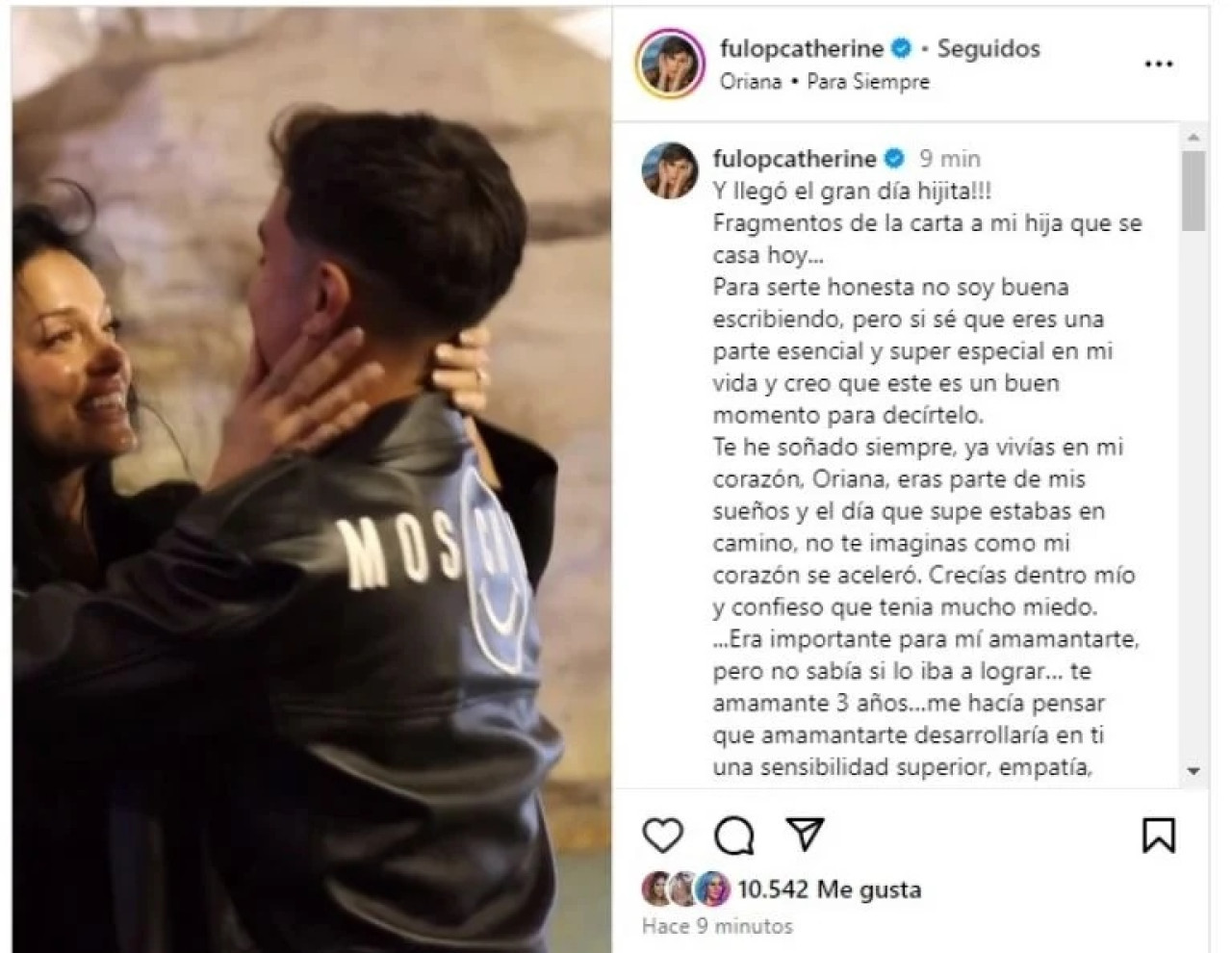 El mensaje de Catherine Fulop para Oriana. Fuente: Instagram.