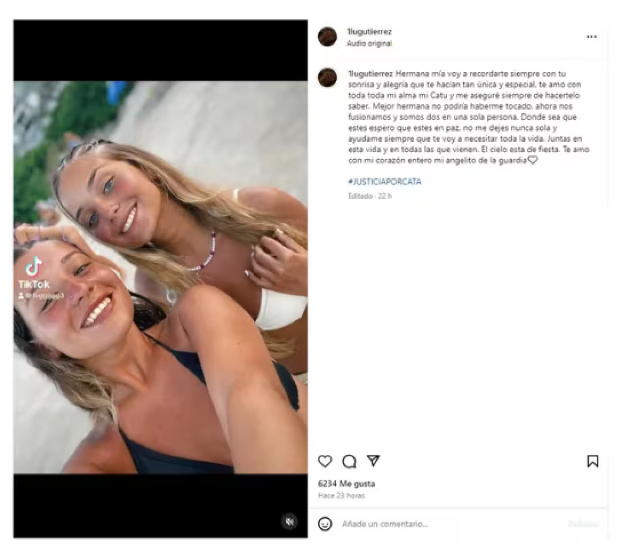 El posteo de Lucía sobre su hermana Catalina muerta. Foto: Instagram.