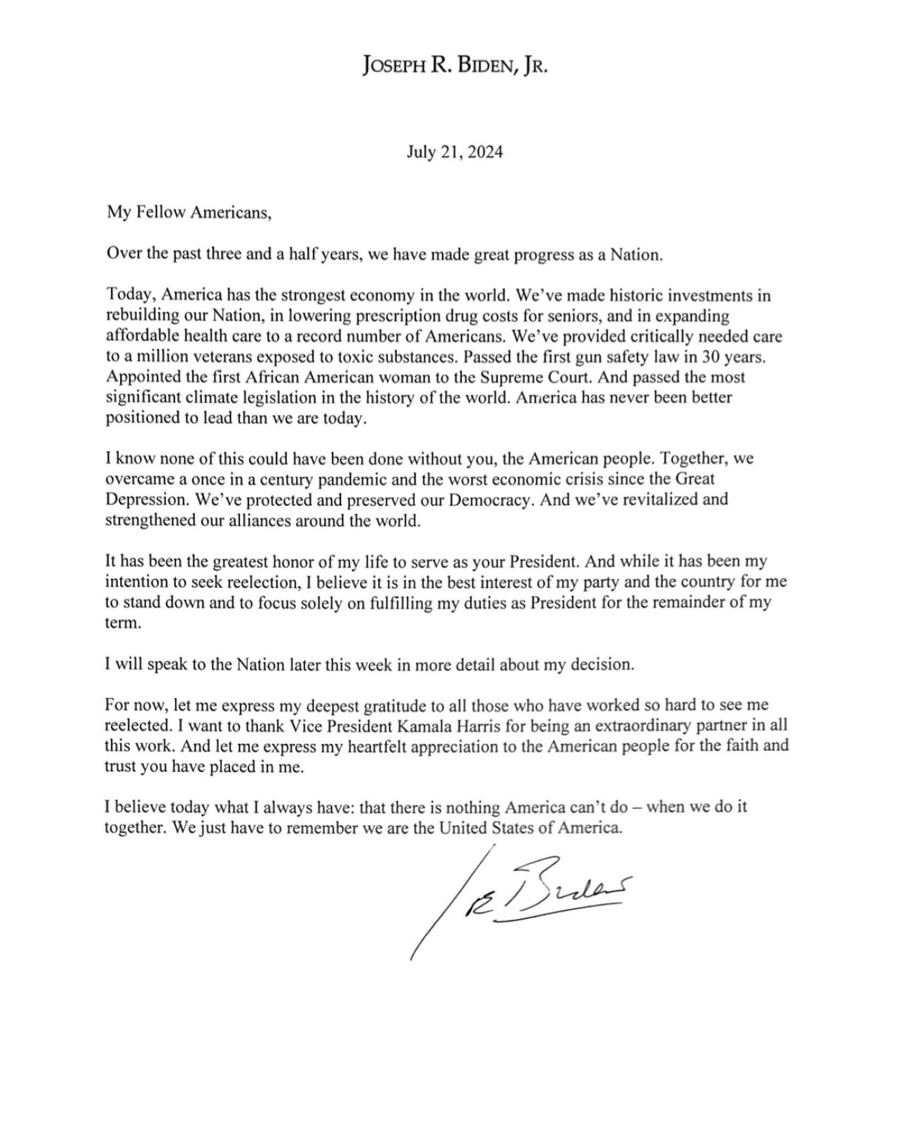 La carta de Joe Biden. Foto: X