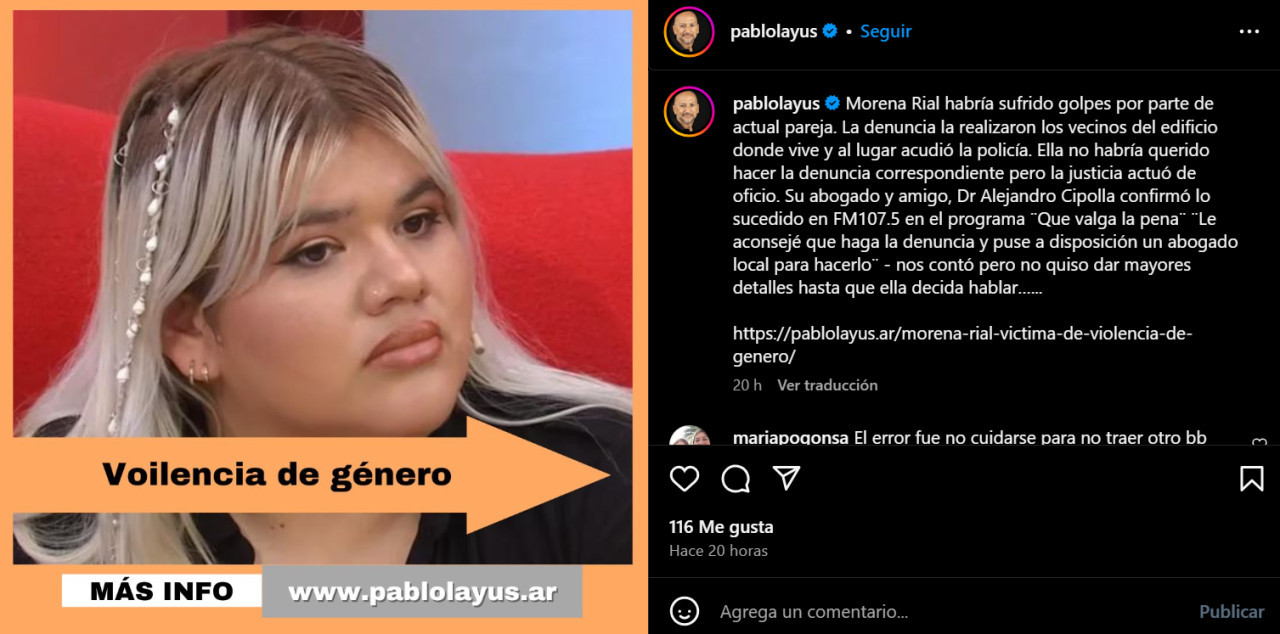 Pablo Layus brindó información sobre Morena Rial. Foto: Instagram.