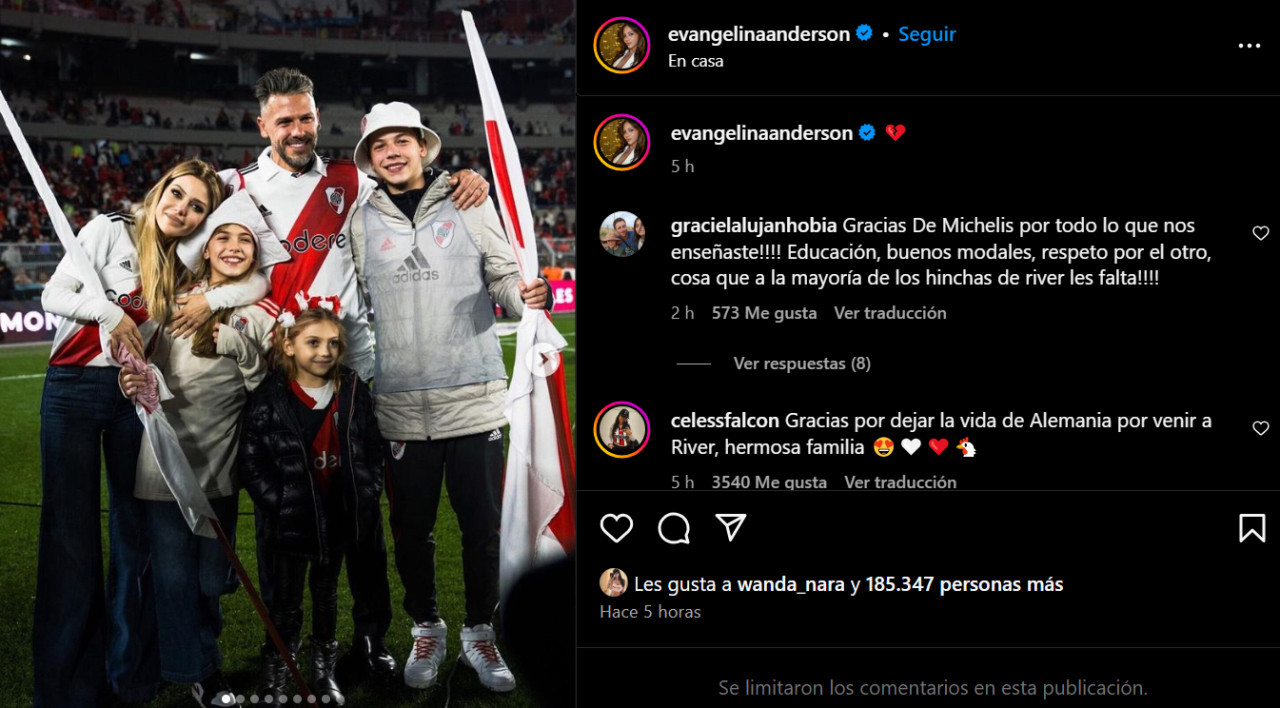 El mensaje de Evangelina Anderson tras la renuncia de Demichelis. Foto: Instagram.