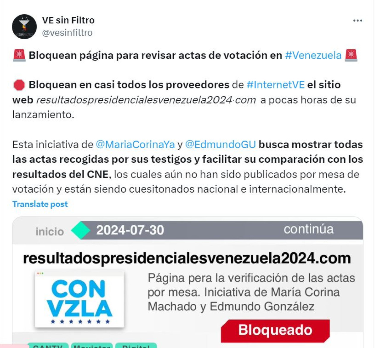 El régimen de Maduro bloquea el acceso a la web que exponía las actas de votación. Foto: X