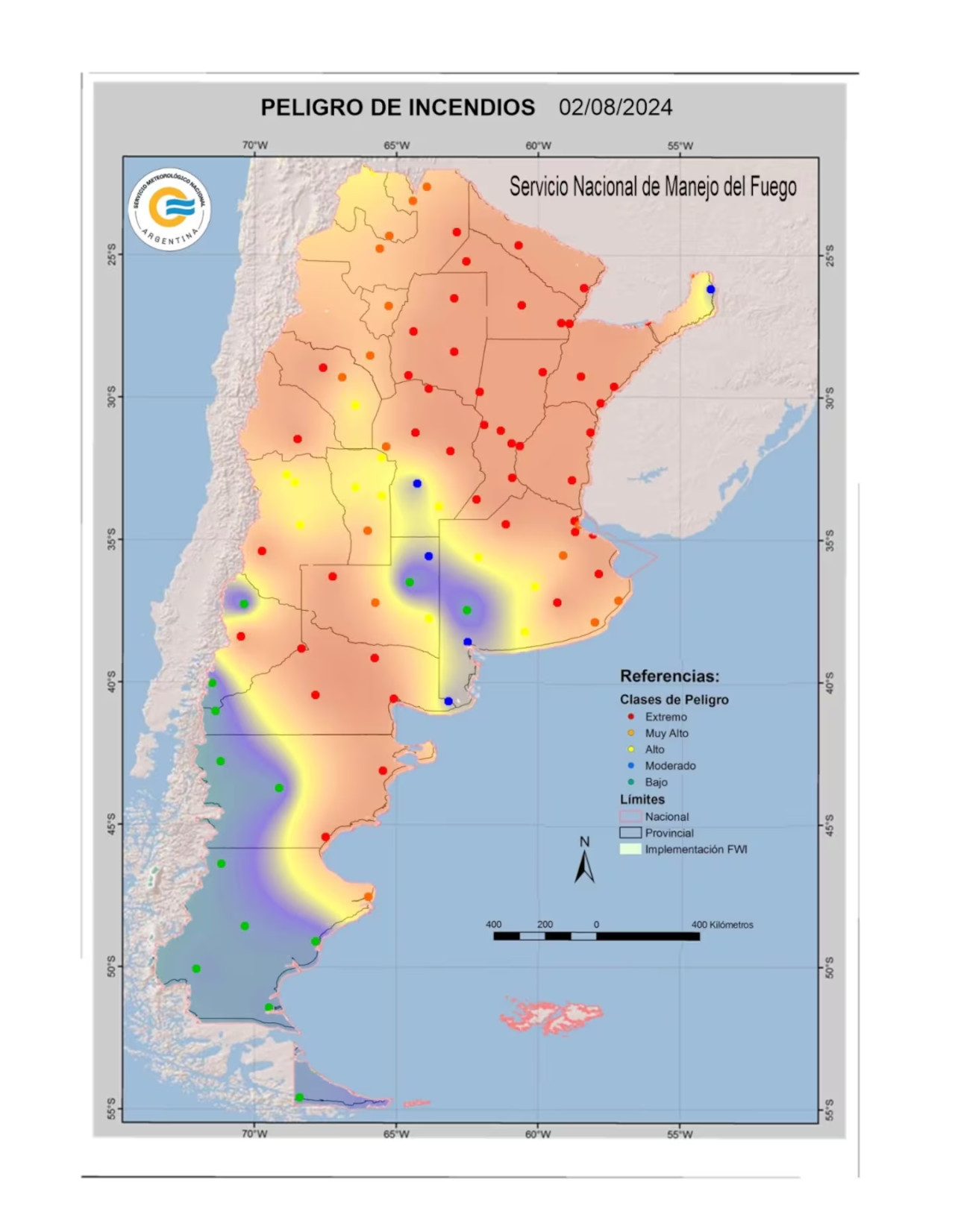 Mapa por alerta de incendios en Argentina. Foto: SMN