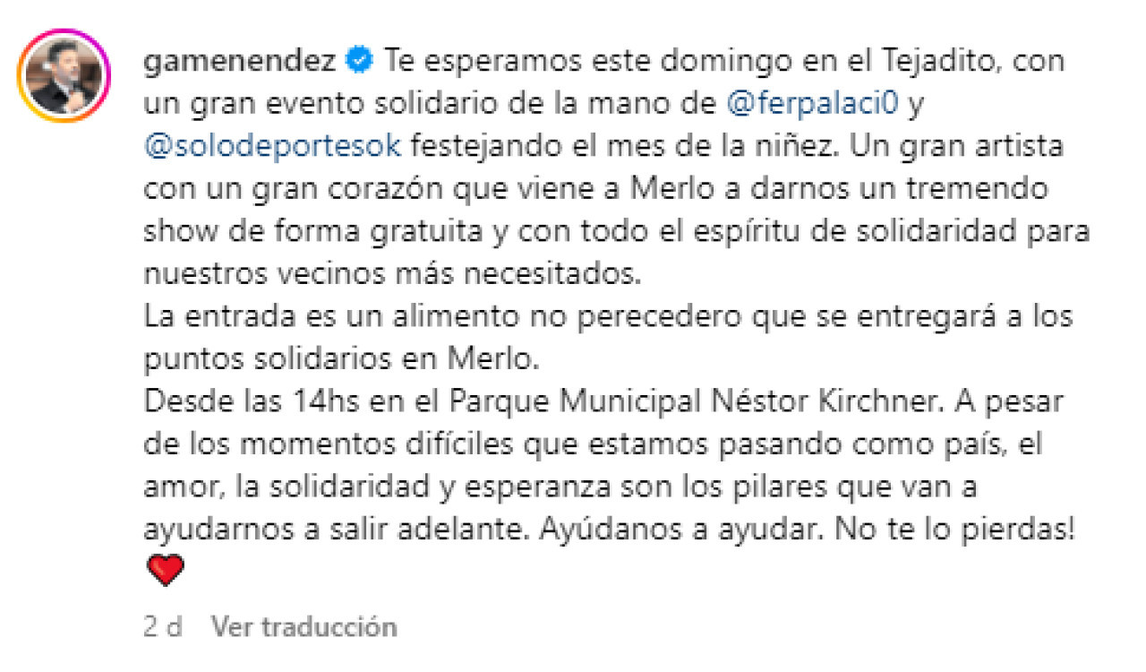 La invitación de Gustavo Menéndez al evento solidario en Merlo. Foto: Instagram.