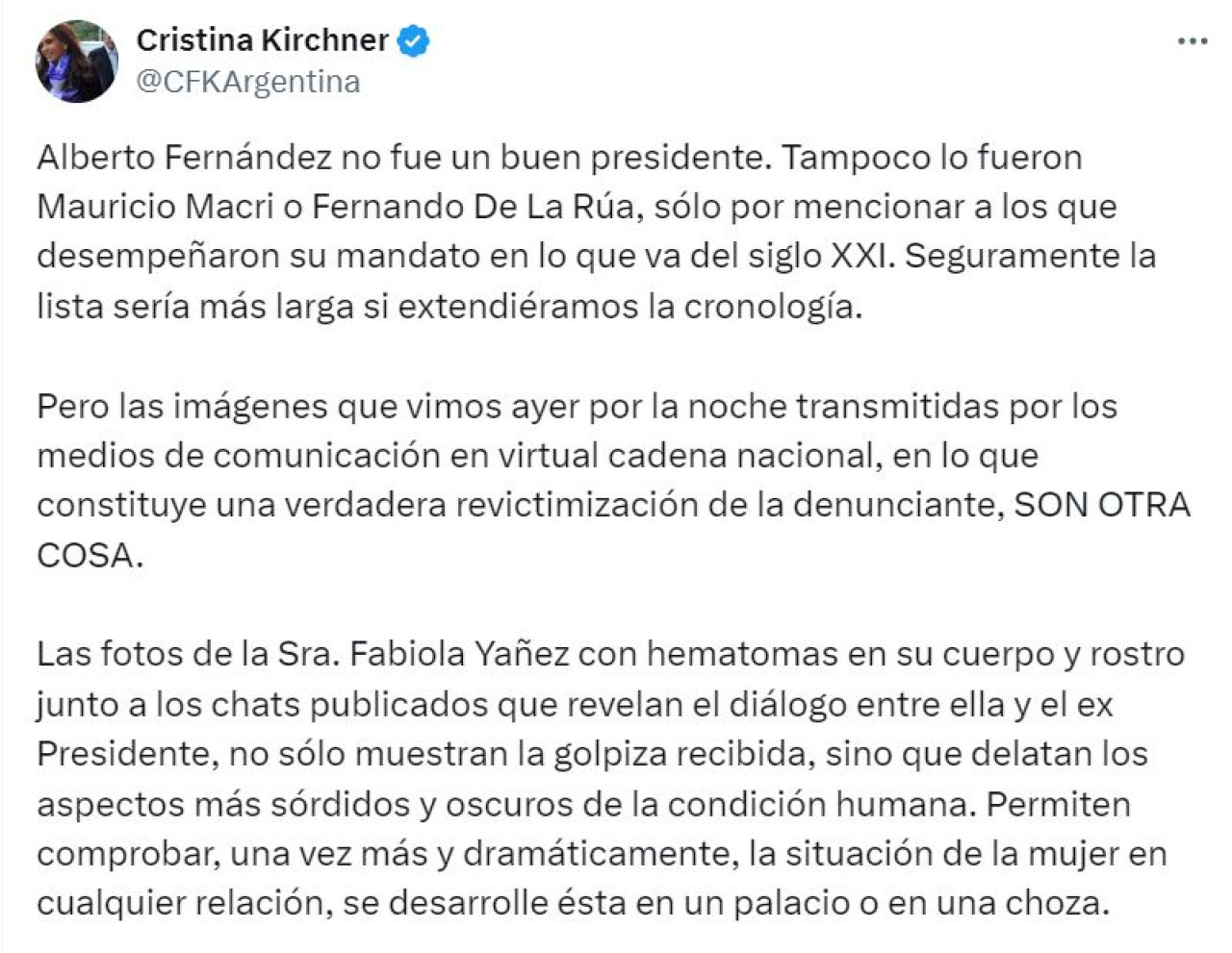 El comunicado de Cristina Fernández de Kirchner sobre las fotos de Fabiola Yáñez. Imagen: X