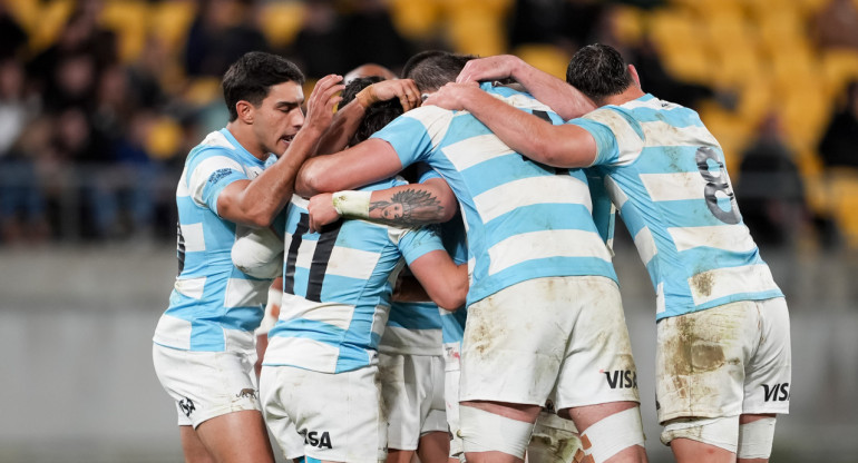 Festejo de Los Pumas ante los All Blacks en el Rugby Championship. Foto: @lospumas.