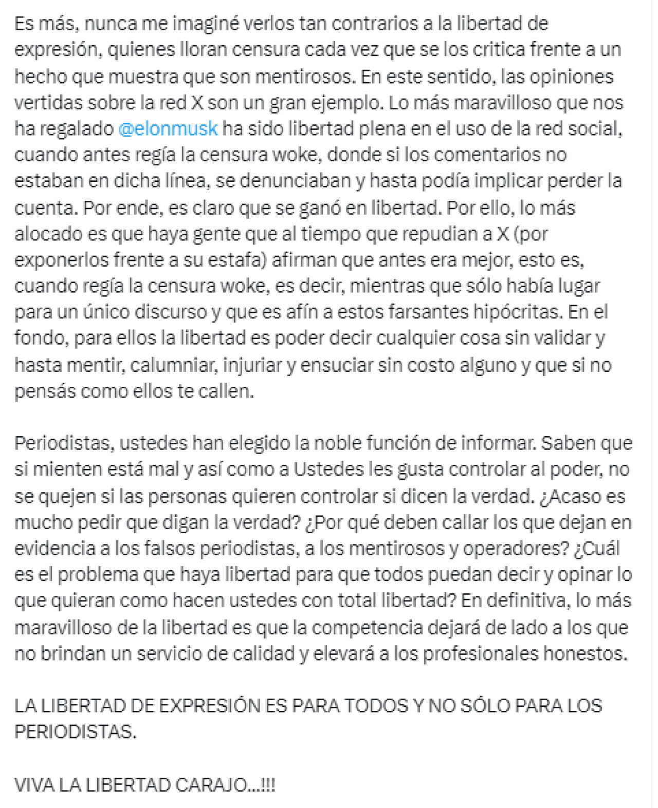 Segunda parte de lo que escribió Milei contra la prensa. Foto: Twitter.