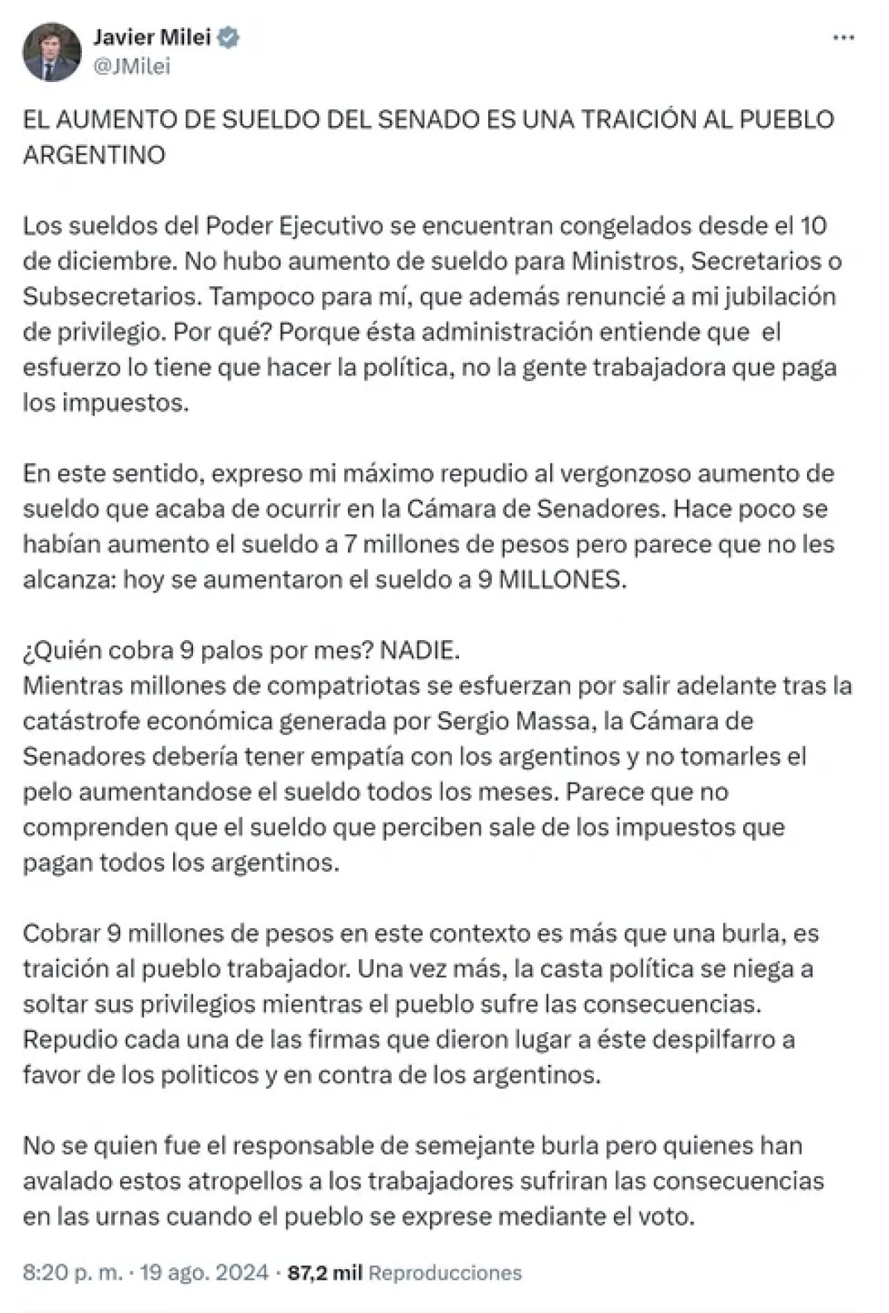 El tuit de Javier Milei por el aumento de sueldo de los senadores.