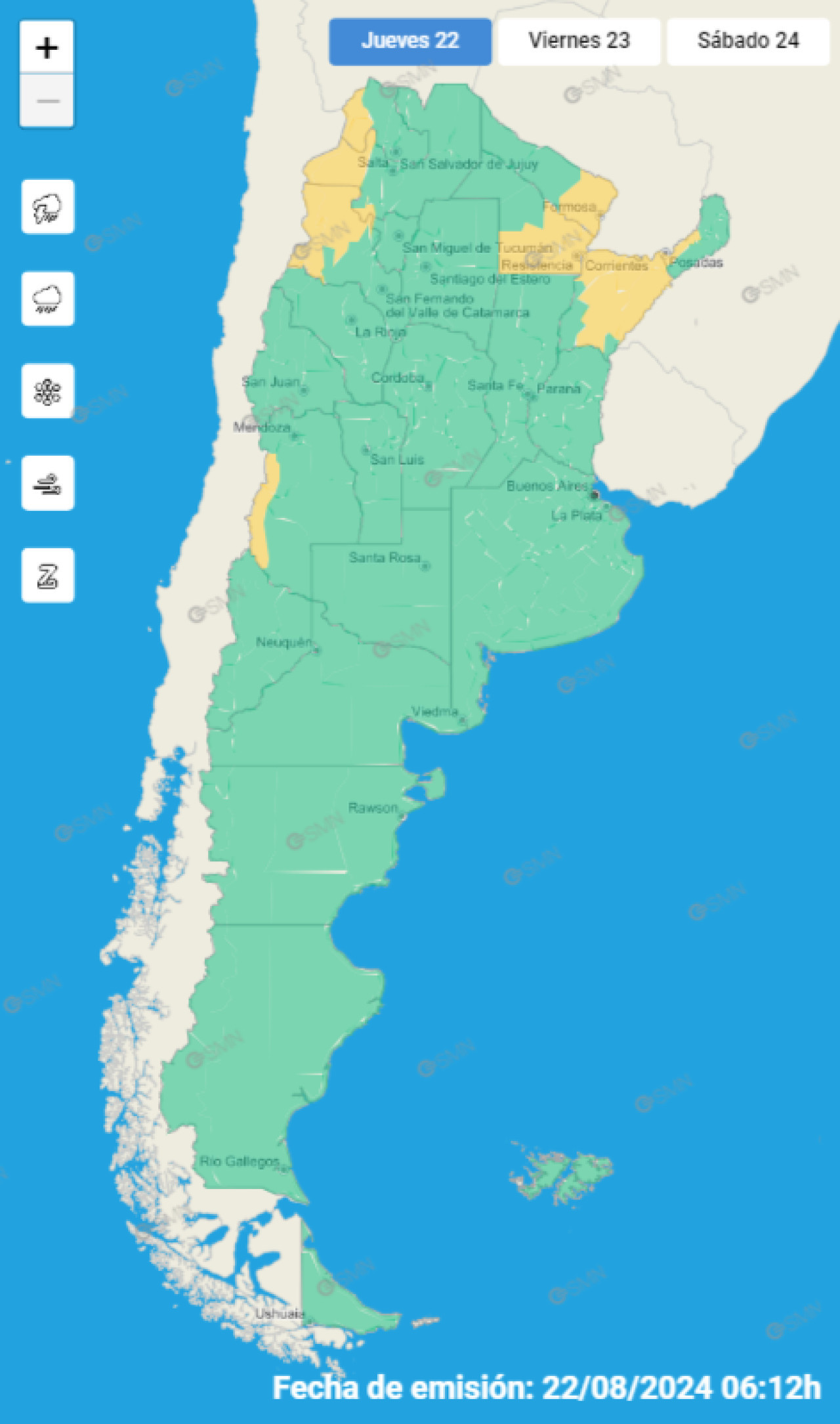 Mapa de alertas en Argentina. Foto: SMN.