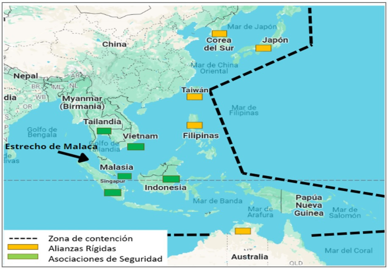 Detalle del sistema de alianzas, asociaciones de seguridad y la línea perimetral de contención. Mapa: Damián Carca