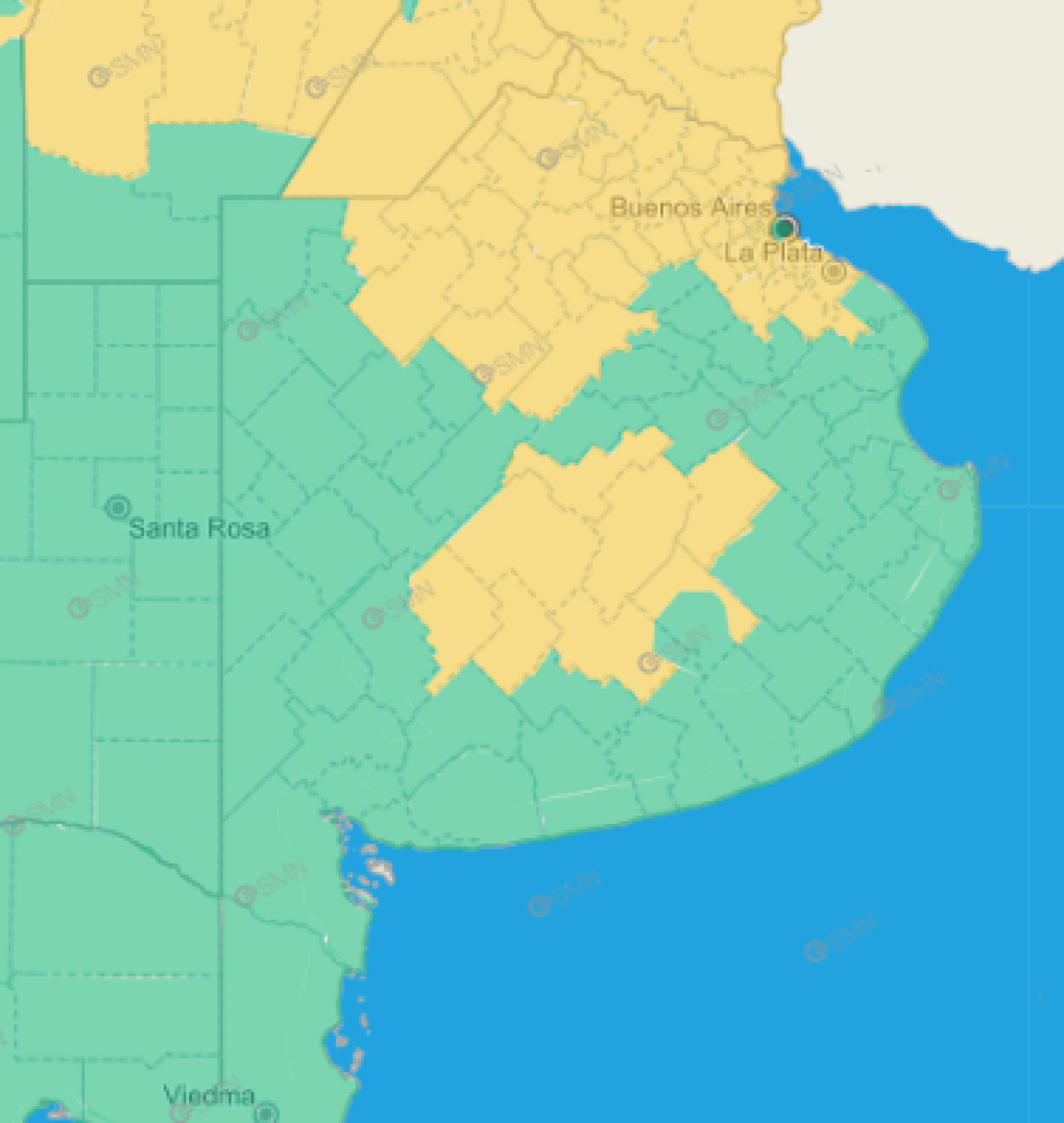 Mapa de Buenos Aires con zonas afectadas por el frío extremo. Foto: SMN.