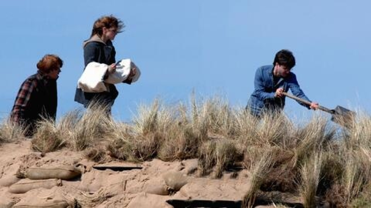 La escena donde Harry y sus amigos despiden a Dobby en la playa. Fuente: X