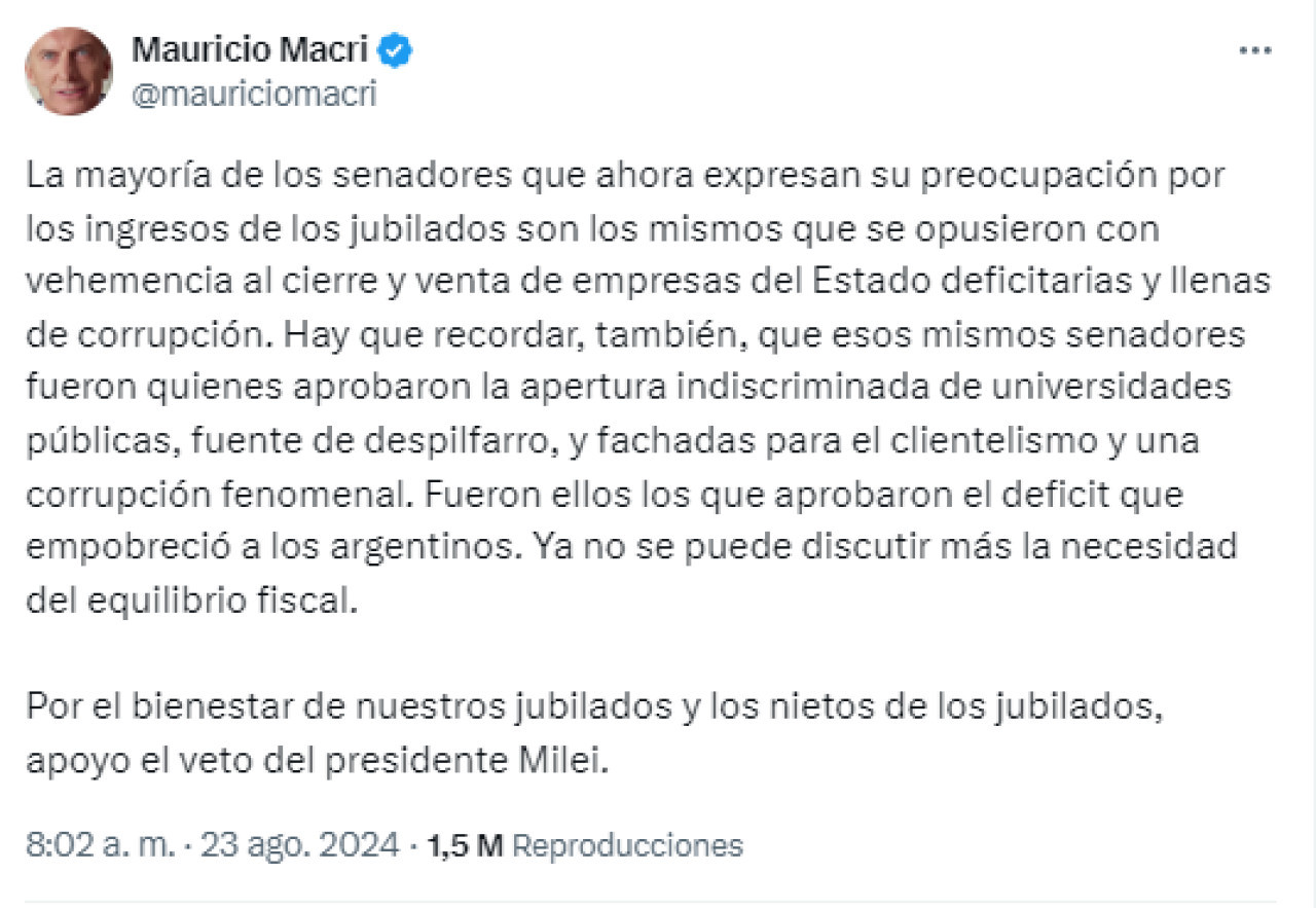 El comunicado de Mauricio Macri en apoyo a Javier Milei por el veto al aumento de jubilaciones. Foto: X.