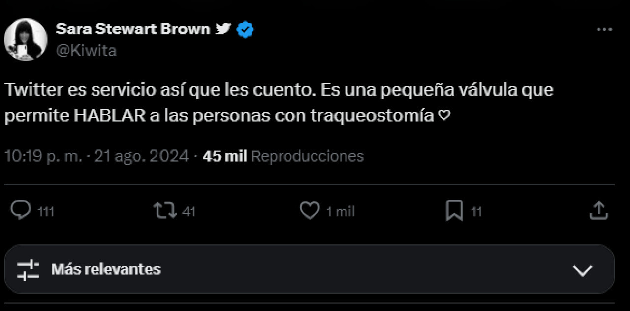 El tweet de Sara Stweart Brown. Fuente: X