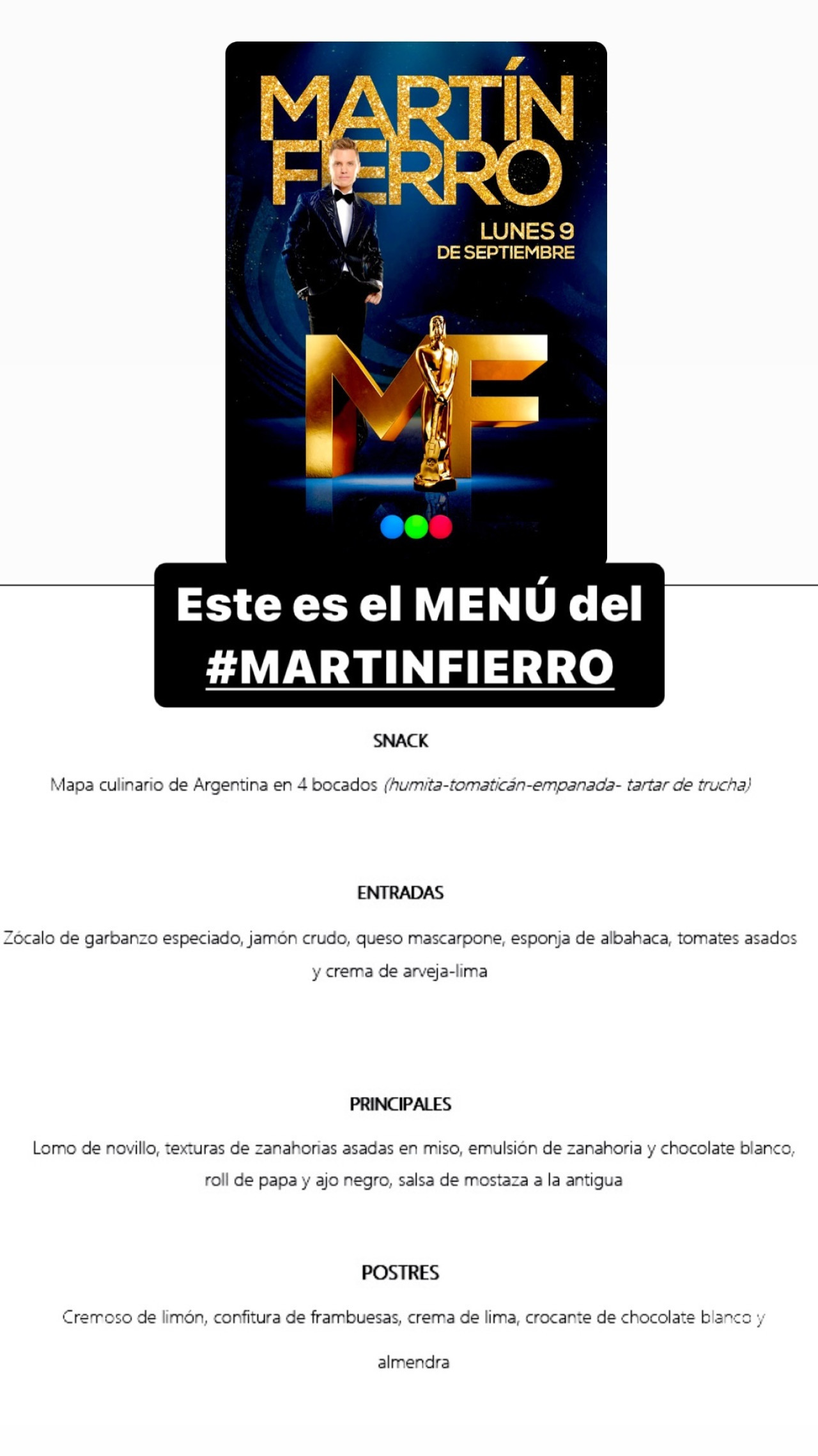 Los platos que van a degustar los invitados a los Martín Fierro 2024. Foto: Instagram.