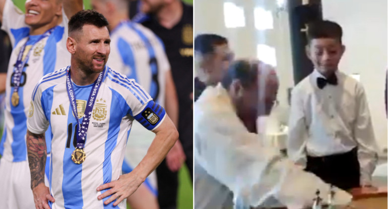 Lionel Messi y el niño que se viralizó. Fotos: Reuters - captura video.