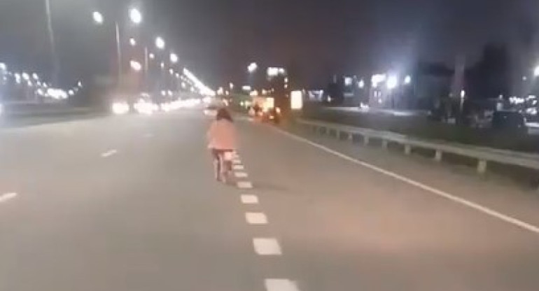 Una nena anduvo en bicicleta por Panamericana. Foto: Captura de video