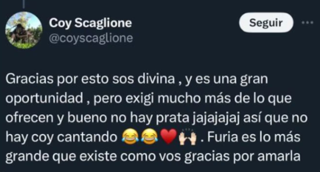 El tweet de Coy Scaglione. Fuente: X