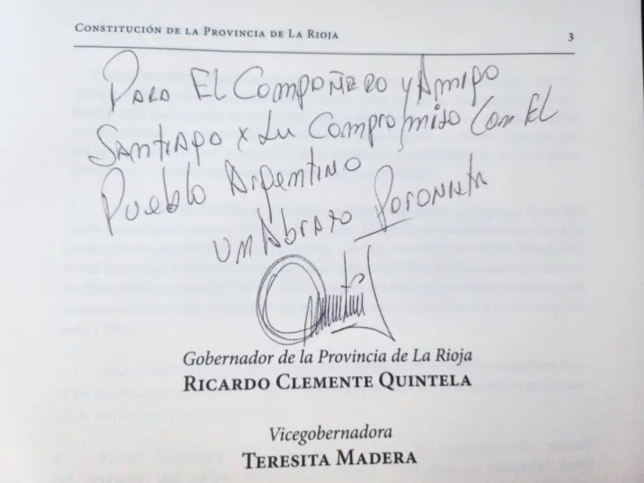 Dedicatorio de Ricardo Quintela para Santiago Cúneo.