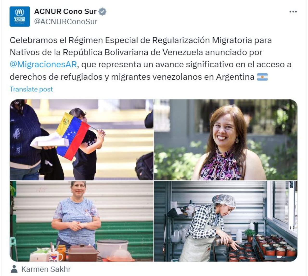 La Oficina Regional del ACNUR para el Sur de América Latina felicitó a Argentina por flexibilizar los trámites migratorios para venezolanos. Captura.