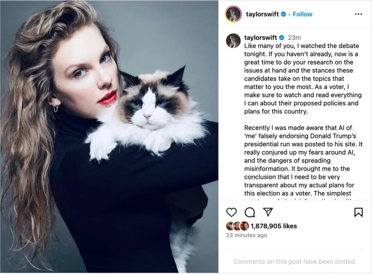 La publicación de Taylor Swift apoyando a Kamala Harris. Fuente: Instagram.