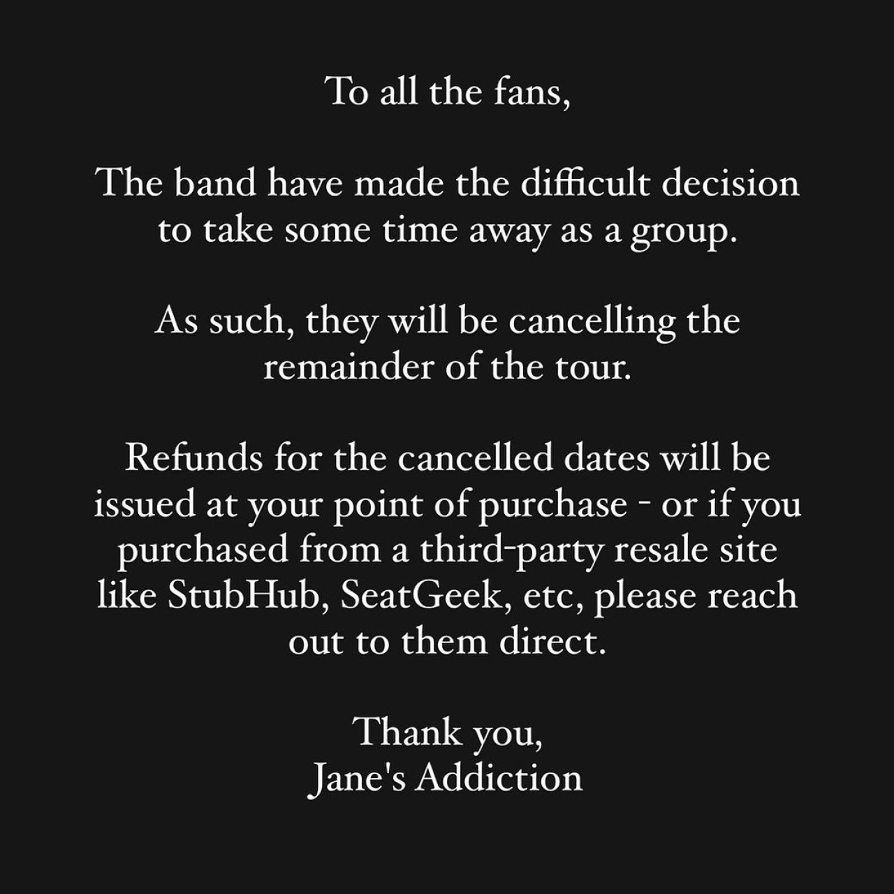 El comunicado de Jane’s Addiction. Foto Instagram.