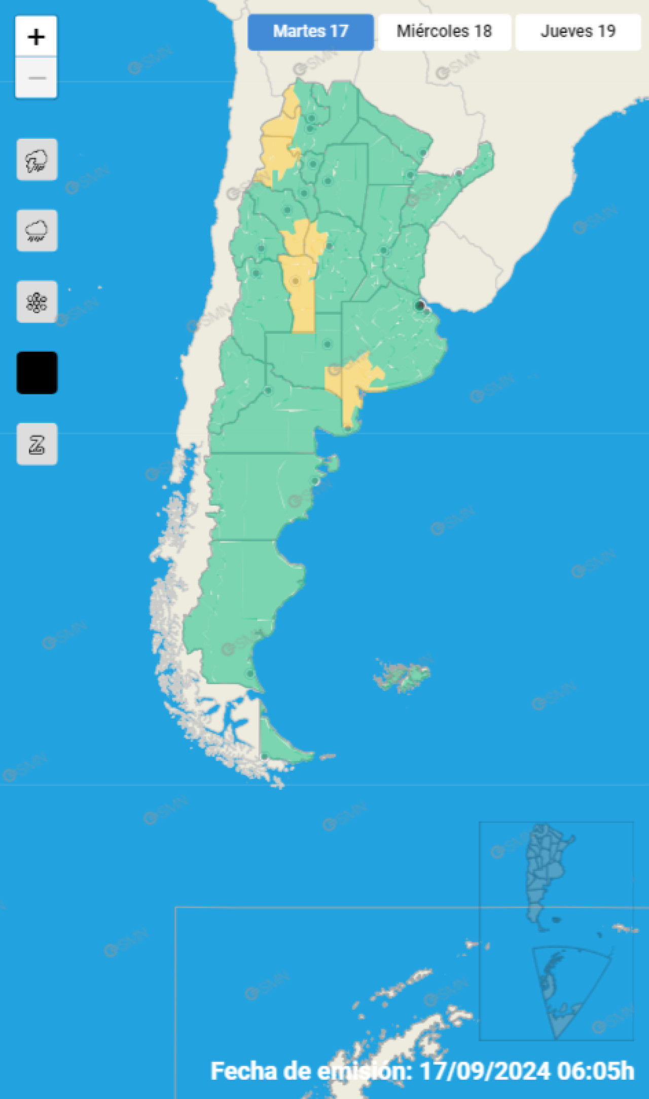 Alerta por vientos fuertes en nueve provincias de Argentina. Foto: SMN.