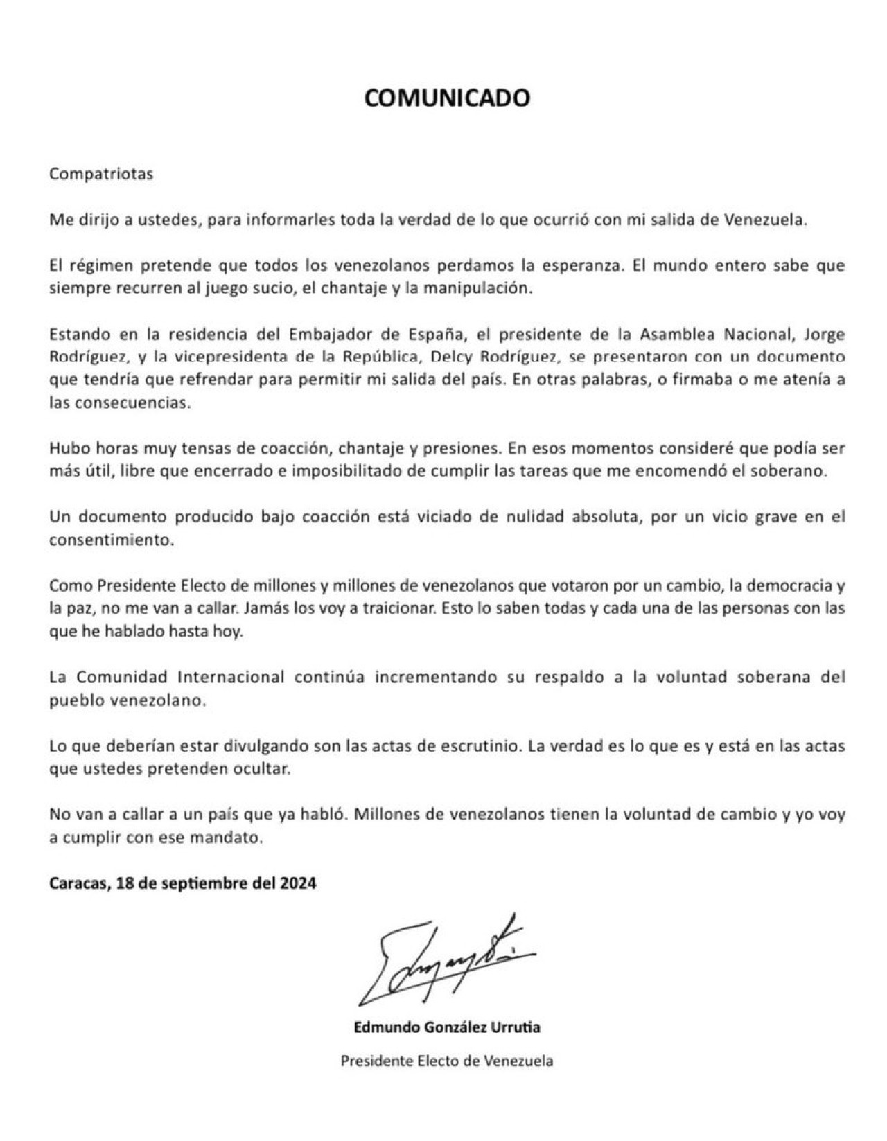 El comunicado oficial de Edmundo González Urrutia. Foto: X.