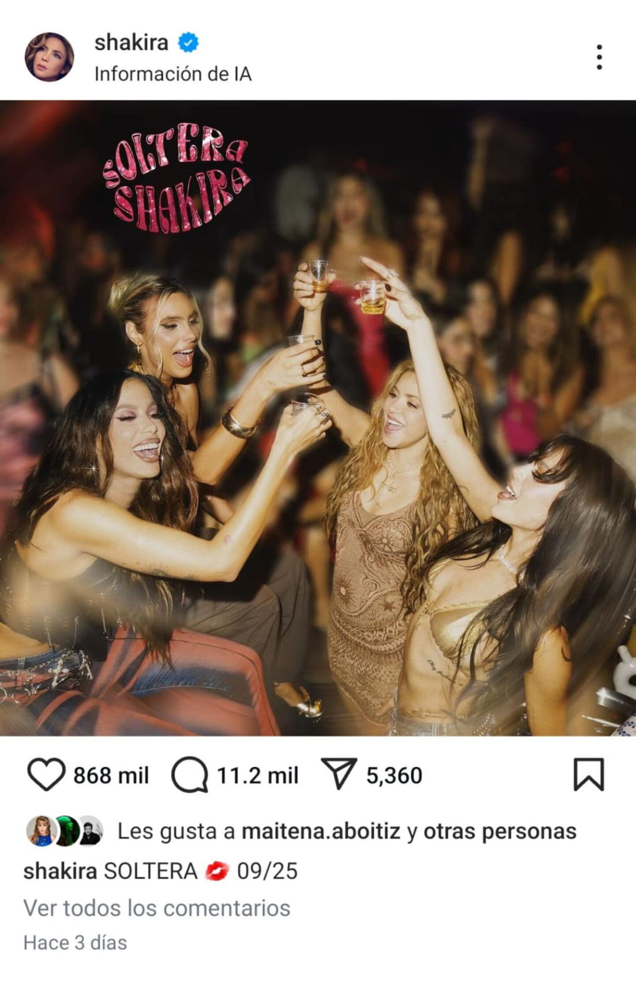 Shakira anunció el estreno de su canción "Soltera". Foto: Instagram.