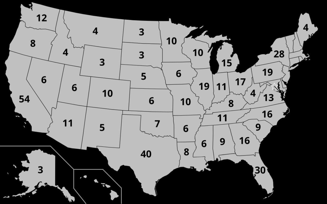 Mapa de los votos por Estado que tiene el Colegio Electoral de EEUU. Foto: Wikipedia