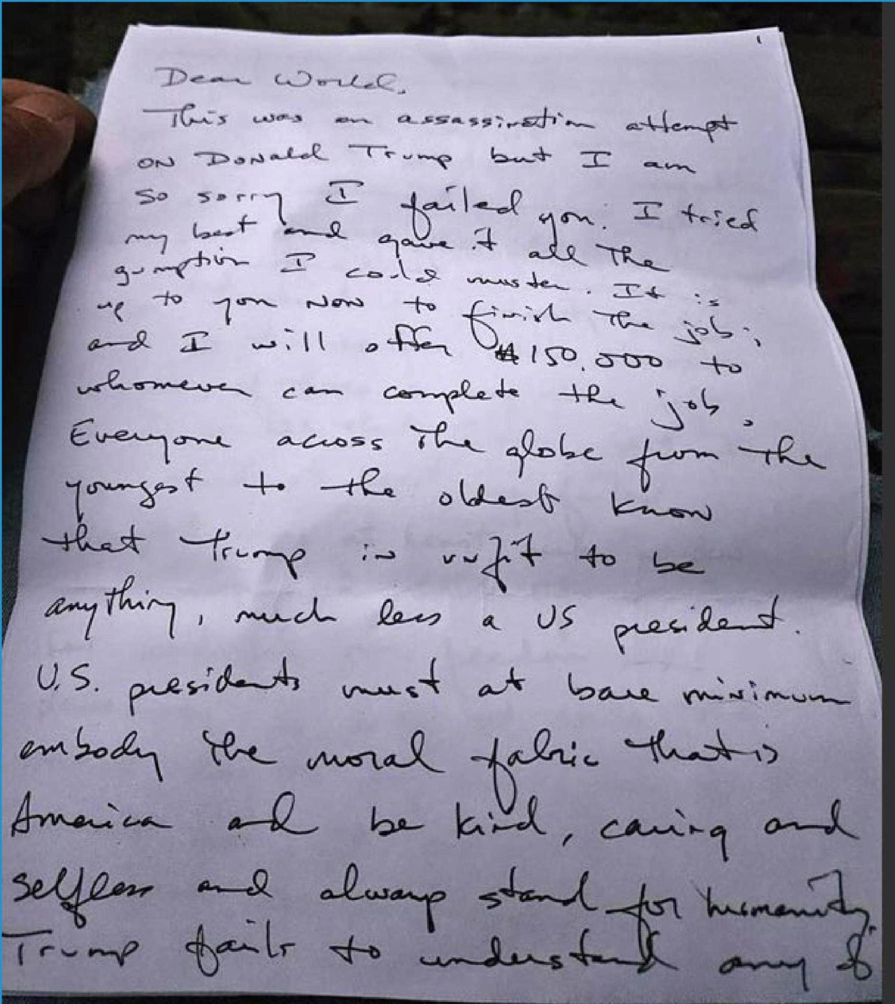 La carta de Ryan Wesley Routh. Foto: EFE