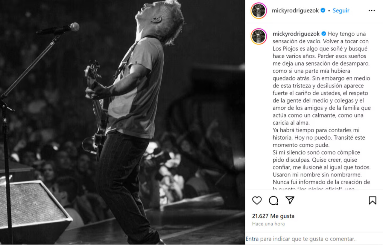 El comunicado del bajista. Foto: Instagram @mickyrodriguezok