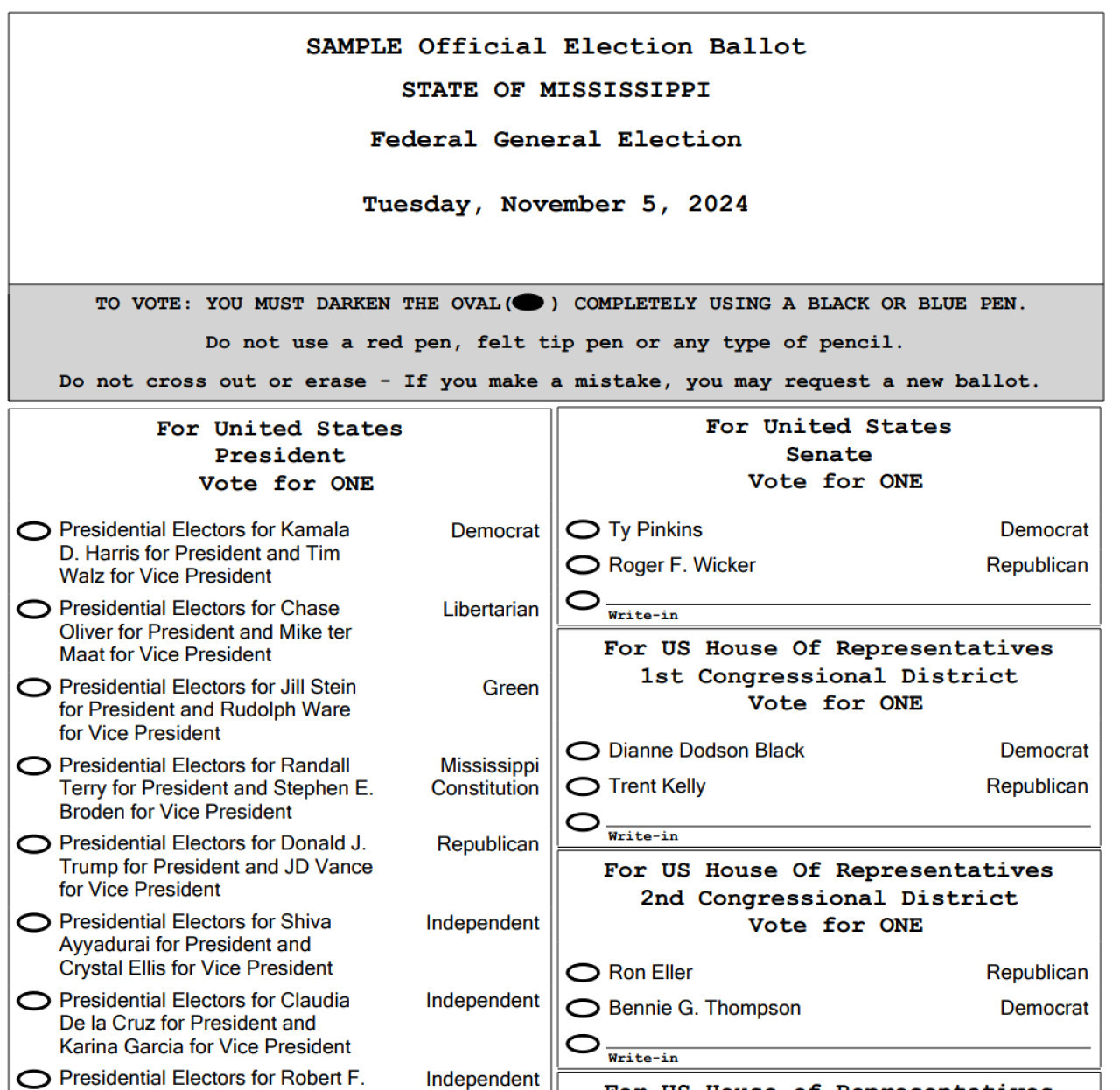 Boleta electoral de Mississippi, Estados Unidos.