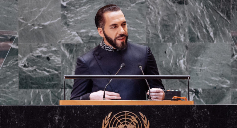 Bukele durante el Debate General del 79º período de sesiones de la Asamblea General de las Naciones Unidas en la Sede de las Naciones Unidas en Nueva York, Nueva York, EE.UU. EFE