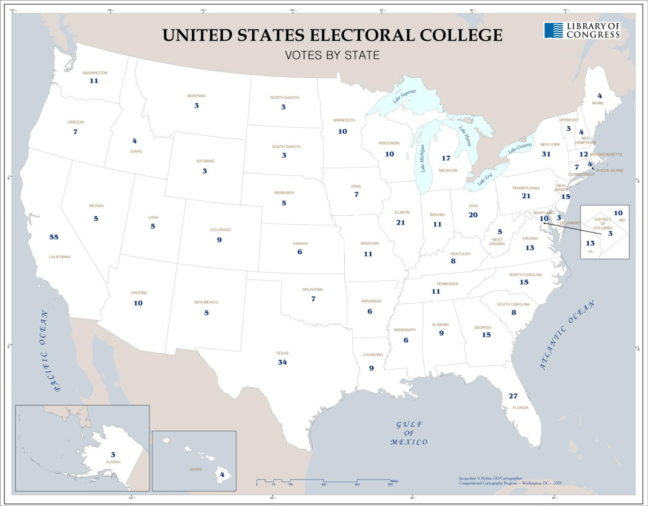 Mapa de los votos del Colegio Electoral de Estados Unidos. Fuente: Biblioteca del Congreso de EE.UU.