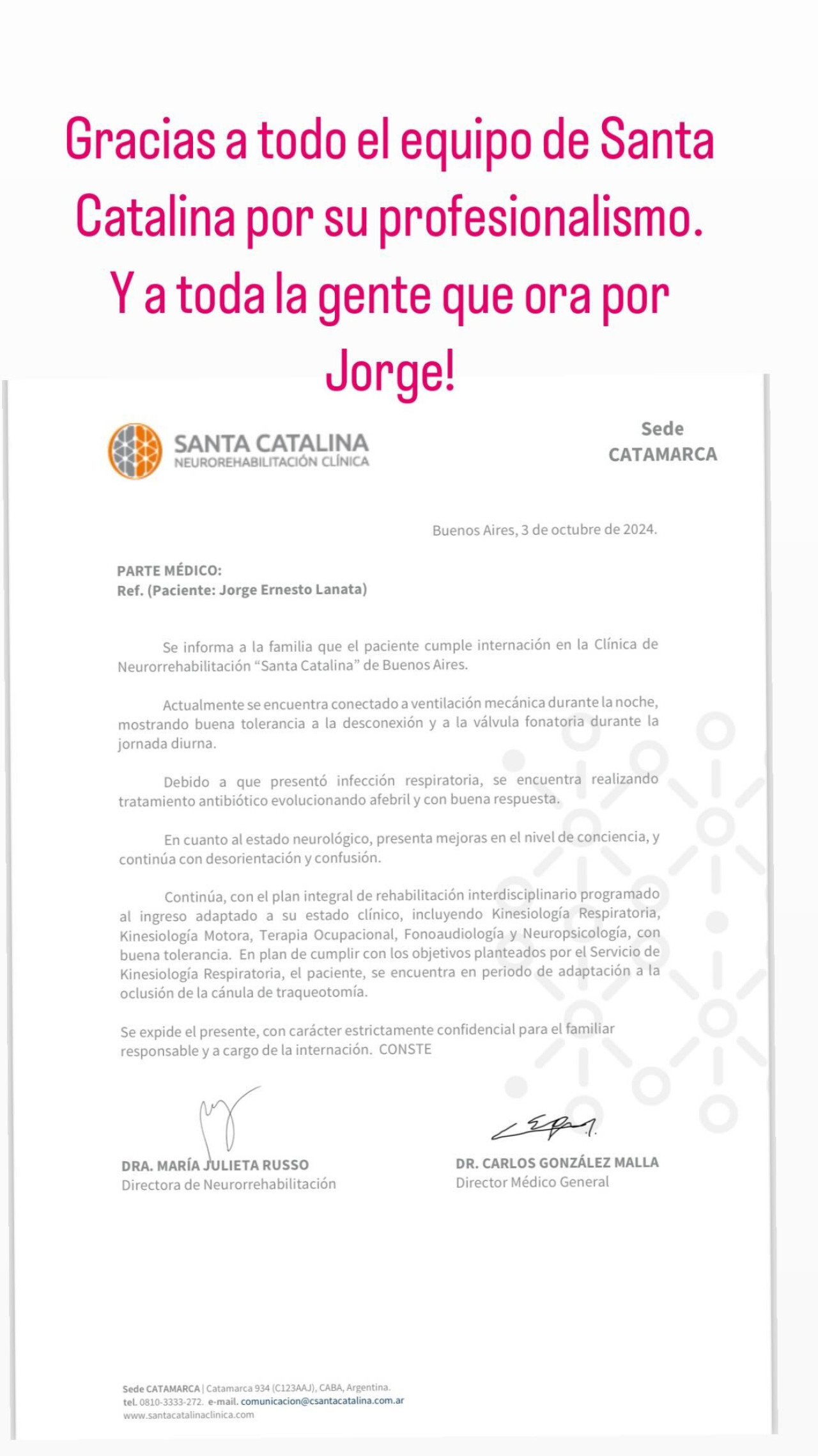 El nuevo parte médico de Jorge Lanata. Foto: Instagram.