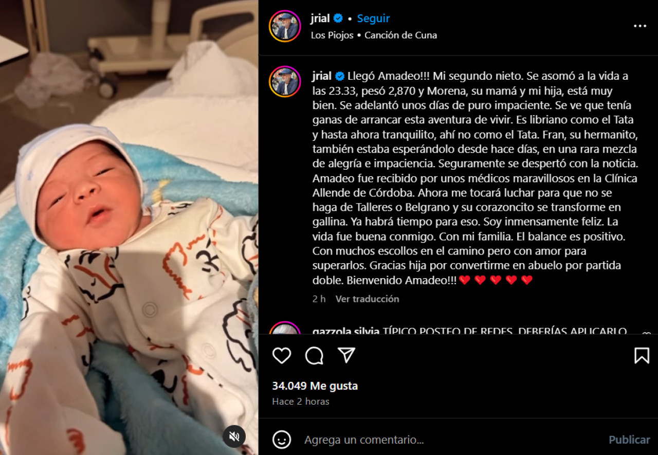 Jorge Rial recibió a su segundo nieto Amadeo. Foto: Instagram.