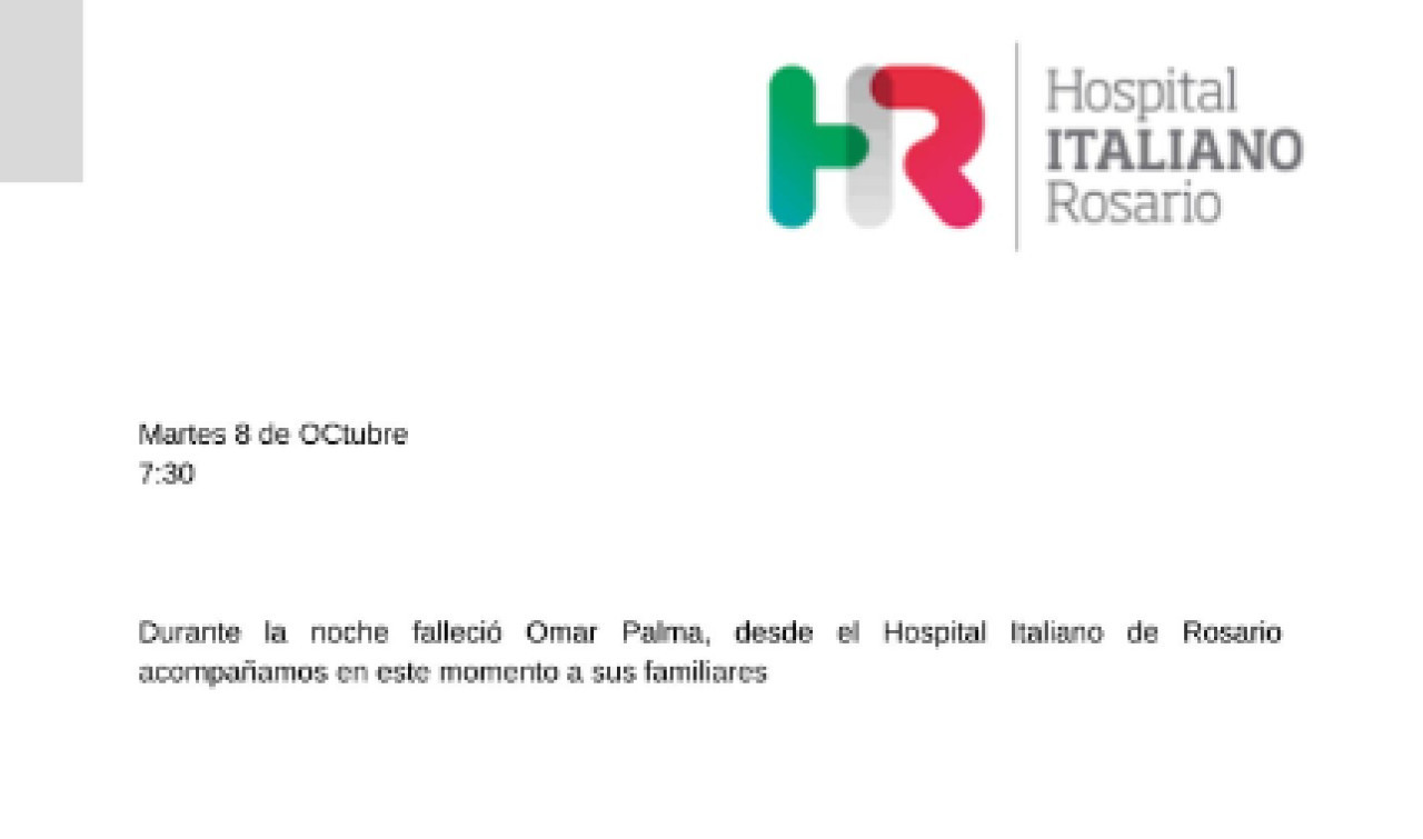 Comunicado del Hospital Italiano de Rosario sobre la muerte de Omar Palma. Foto: Hospital Italiano de Rosario.