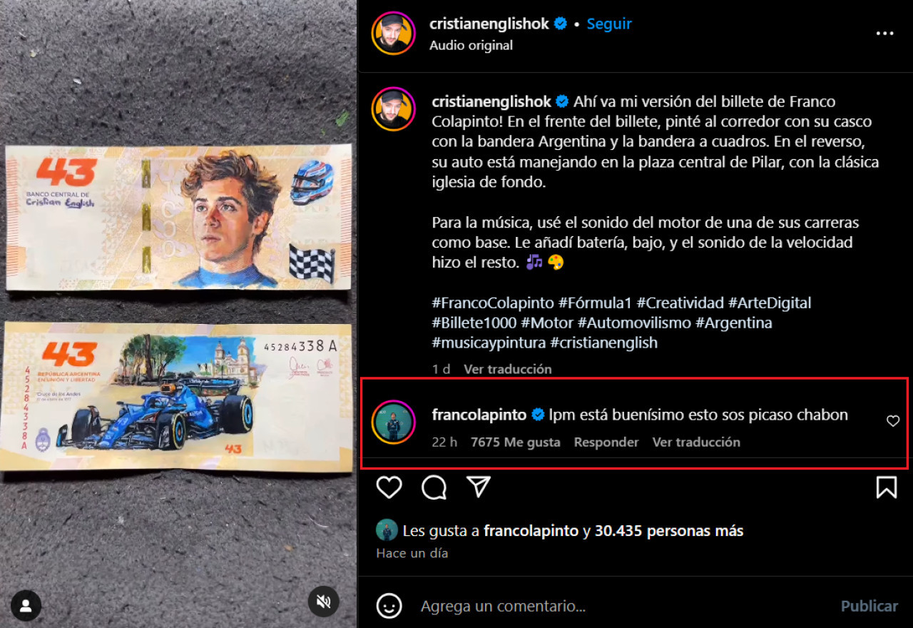 El comentario de Franco Colapinto. Foto: Instagram.