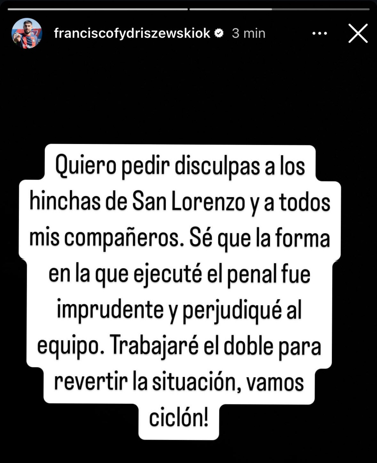 El pedido de disculpas del delantero. Foto: Instagram @franciscofydriszewskiok