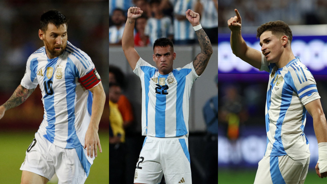 Lionel Messi, Lautaro Martínez y Julián Álvarez. Fotos: Reuters.