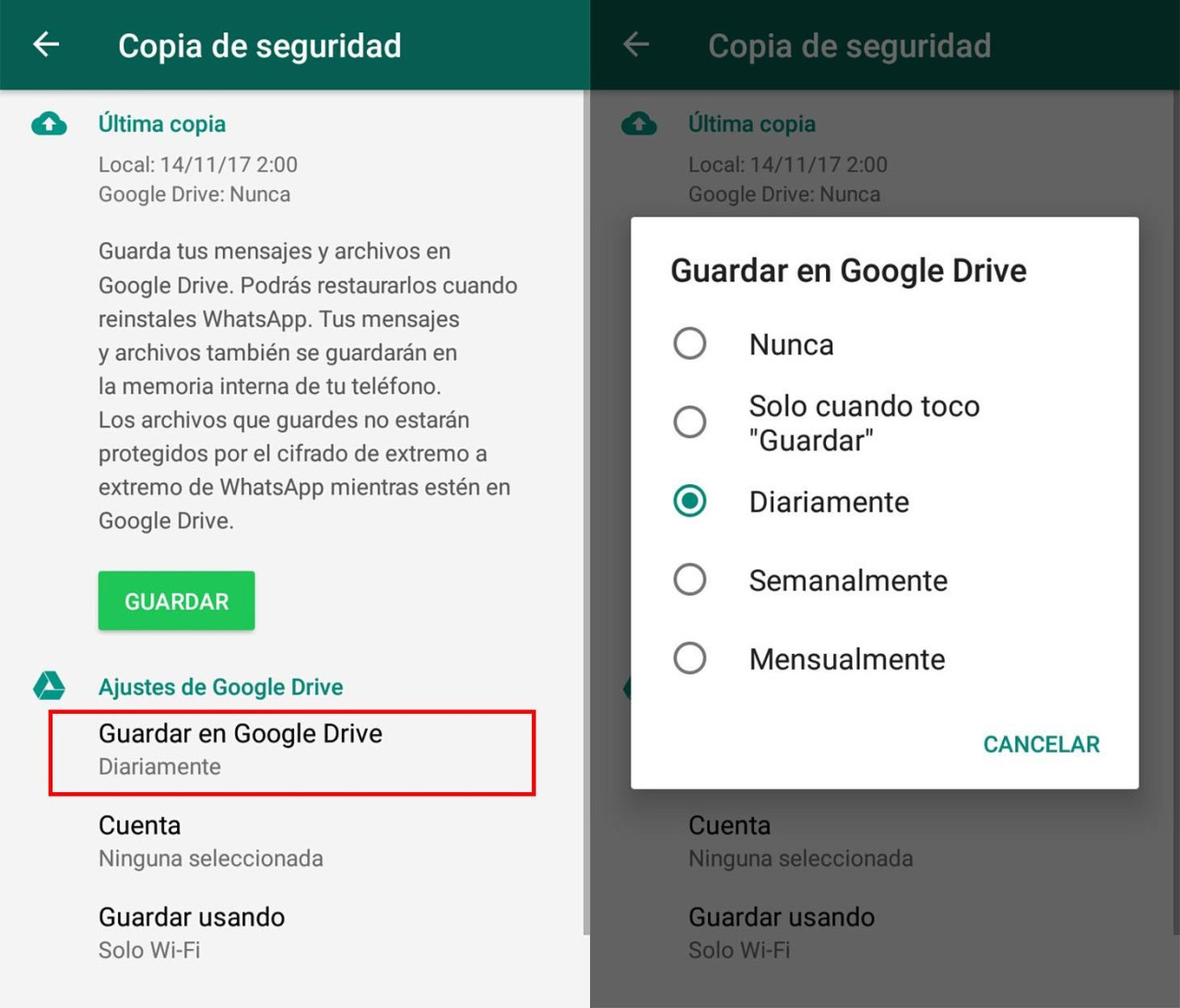 Copia de seguridad de WhatsApp en Android. Fuente: X