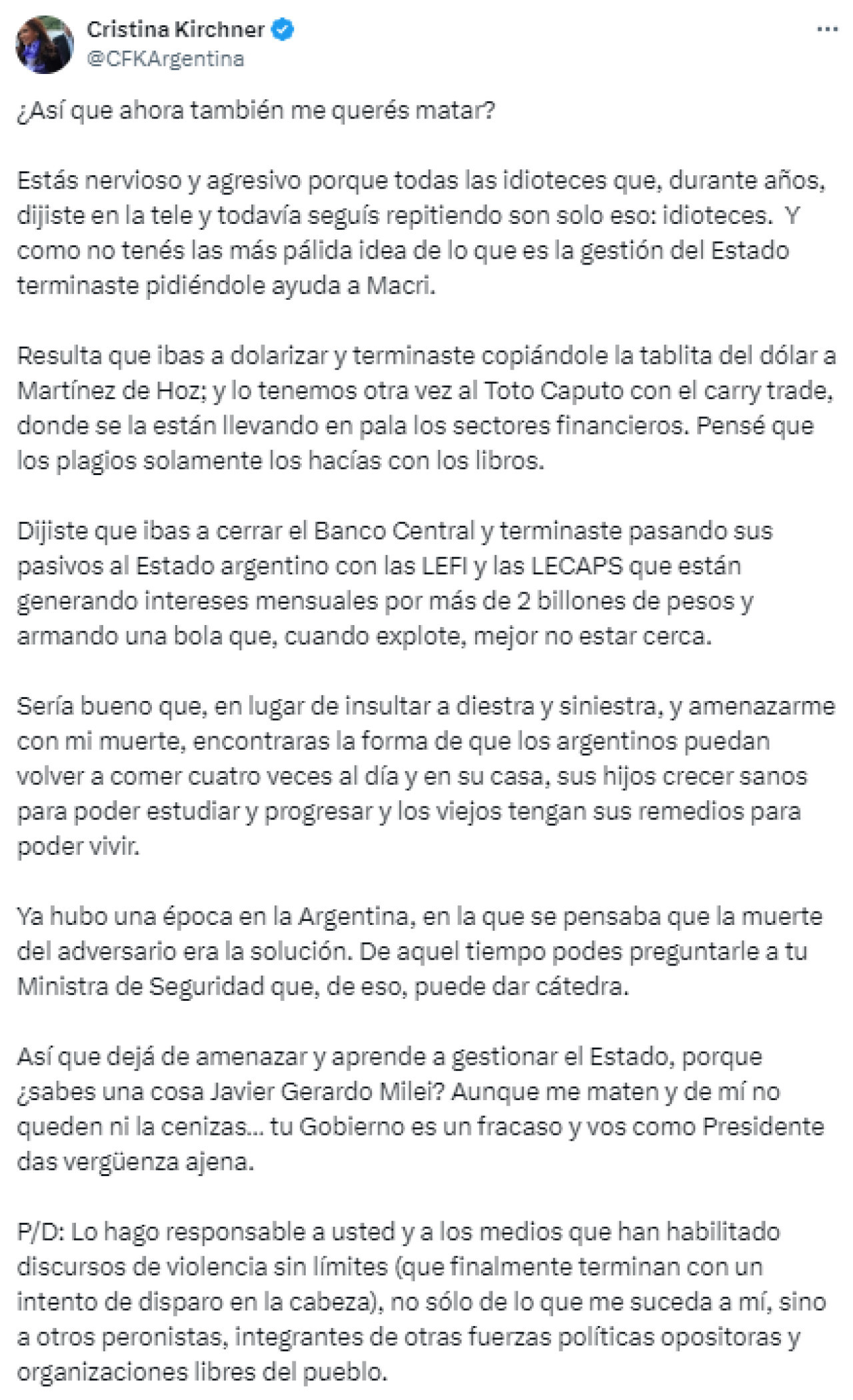 El posteo de Cristina Kirchner. Foto: X.