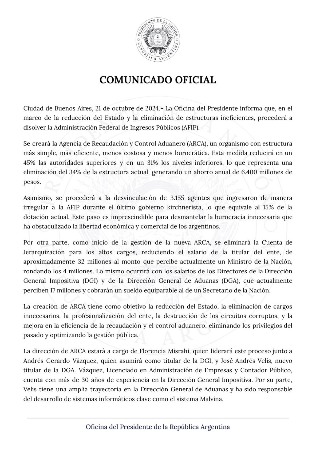 El comunicado del Gobierno sobre la disolución de la AFIP.