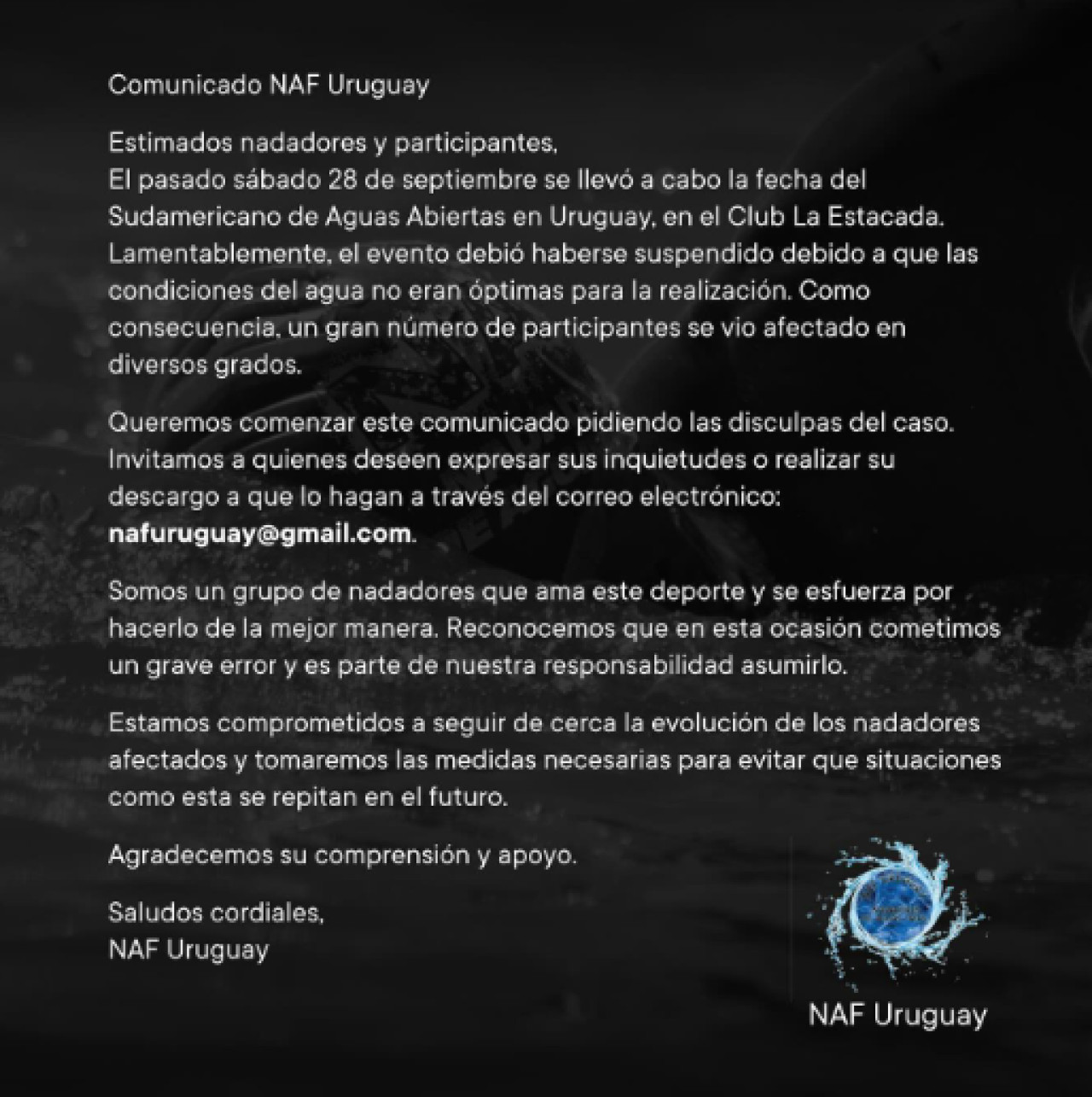 Comunicado de NAF Uruguay. Foto Instagram