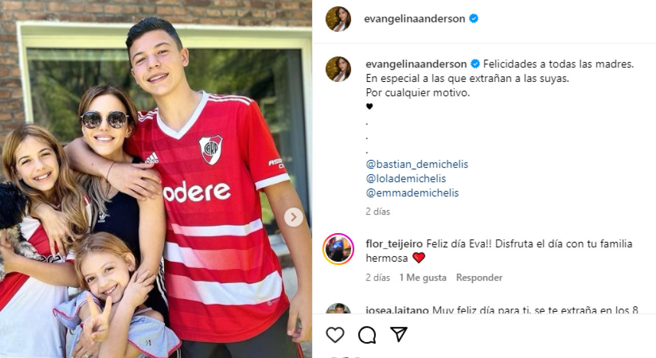 Evangelina Anderson hizo un posteo por el día de la madre y la ausencia de Demichelis encendió los rumores de separación. Foto Instagram