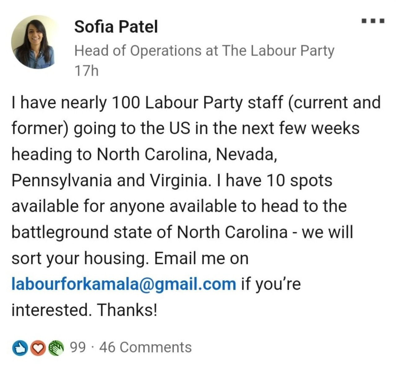 Posteo en Linkedin de Sofia Patel sobre las elecciones en Estados Unidos. Foto: Linkedin.