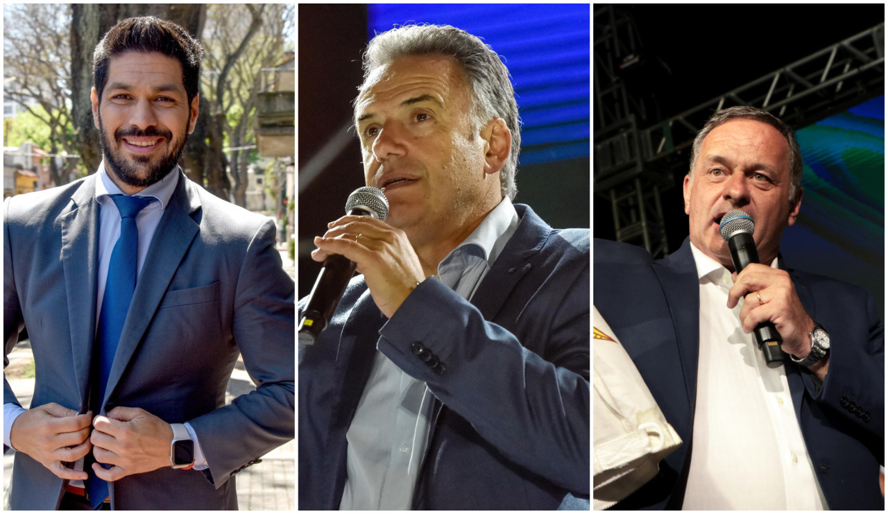 Andrés Ojeda, del Partido Colorado; Yamandú Orsi, del Frente Amplio;  Álvaro Delgado, del Partido Nacional, los 3 candidatos principales que compiten por la presidencia de Uruguay. Fotos: EFE.