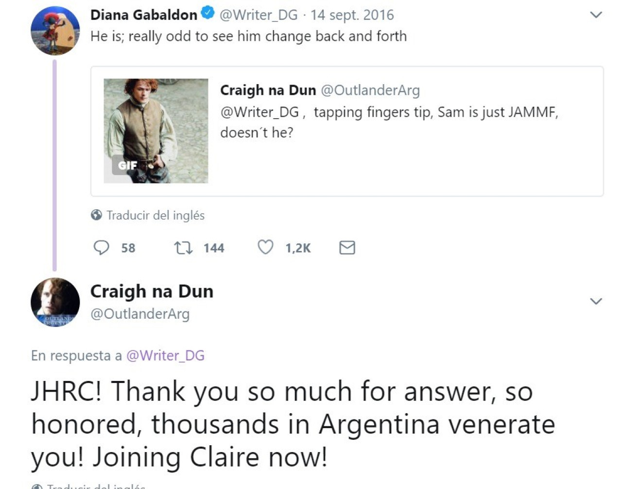 El club de fans argentino de Outlander es muy activo en redes sociales, e interactúa con la autora y el elenco de la serie. Foto: captura.