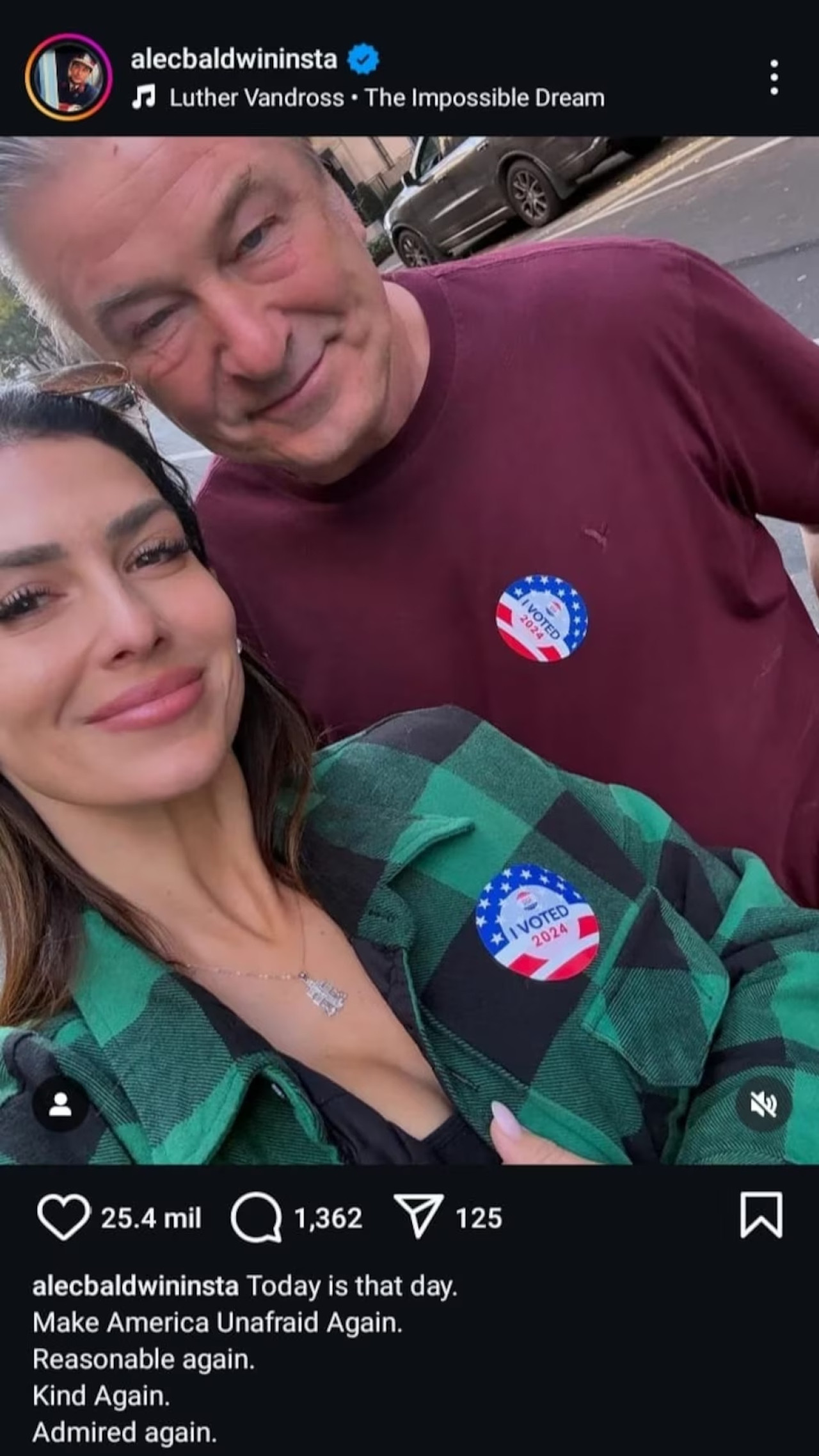 Alec Baldwin y su esposa fueron juntos a votar. Fuente: Instagram